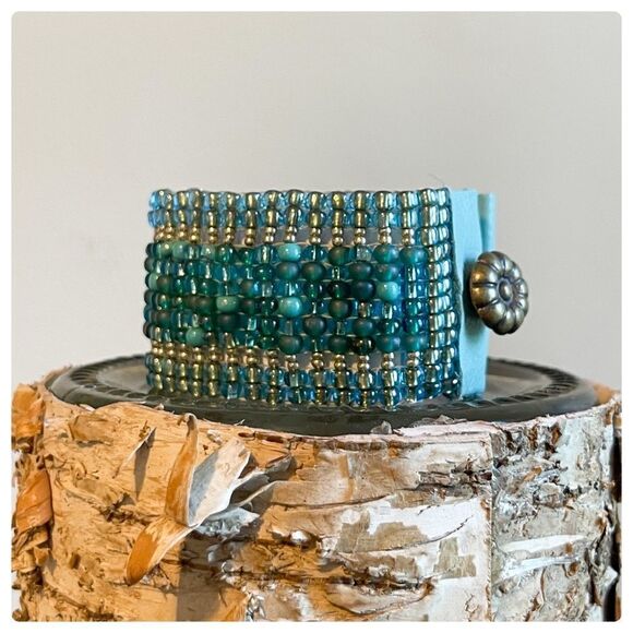 HANDMADE Boho Loom Cuff Bracelet with turquoise and teal beads - Picture 7 of 10